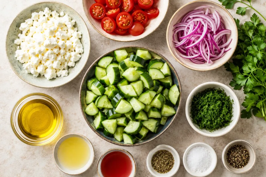 Ingredients for Cucumber and Feta Salad Recipe with Fresh Herbs