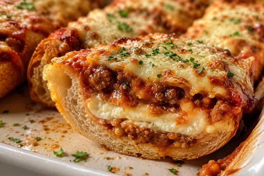 Close-up of French bread lasagna boats showing the cheesy meat filling