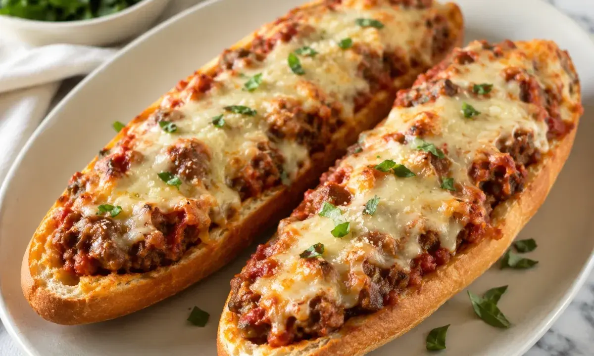 French bread lasagna boats topped with melted cheese and herbs