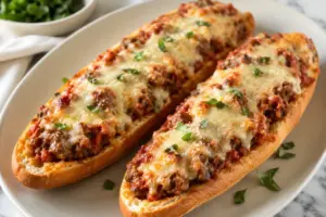 French bread lasagna boats topped with melted cheese and herbs