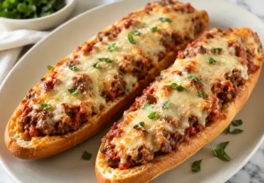 French bread lasagna boats topped with melted cheese and herbs