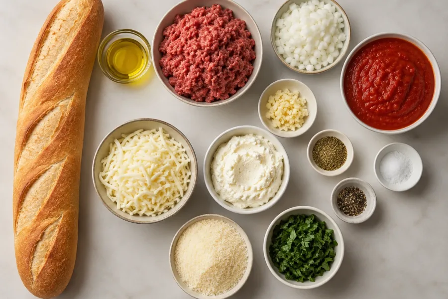 Ingredients for French bread lasagna boats including French bread, ground beef, onion, garlic, marinara, ricotta, mozzarella, Parmesan, herbs, and olive oil
