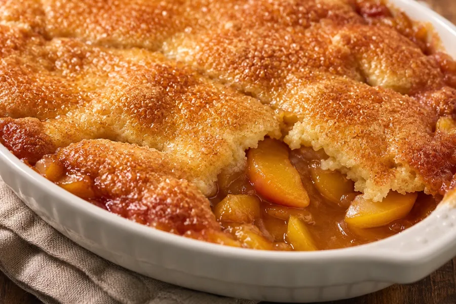Close-up of peach cobbler baked in a dish with a golden crispy sugar crust