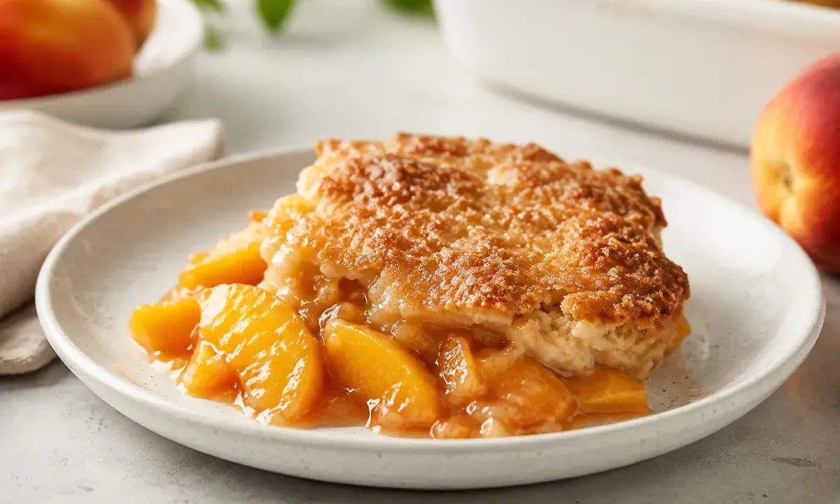 Fresh peach cobbler with crispy sugar crust served on a plate
