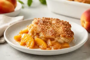 Fresh peach cobbler with crispy sugar crust served on a plate