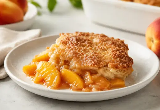 Fresh peach cobbler with crispy sugar crust served on a plate