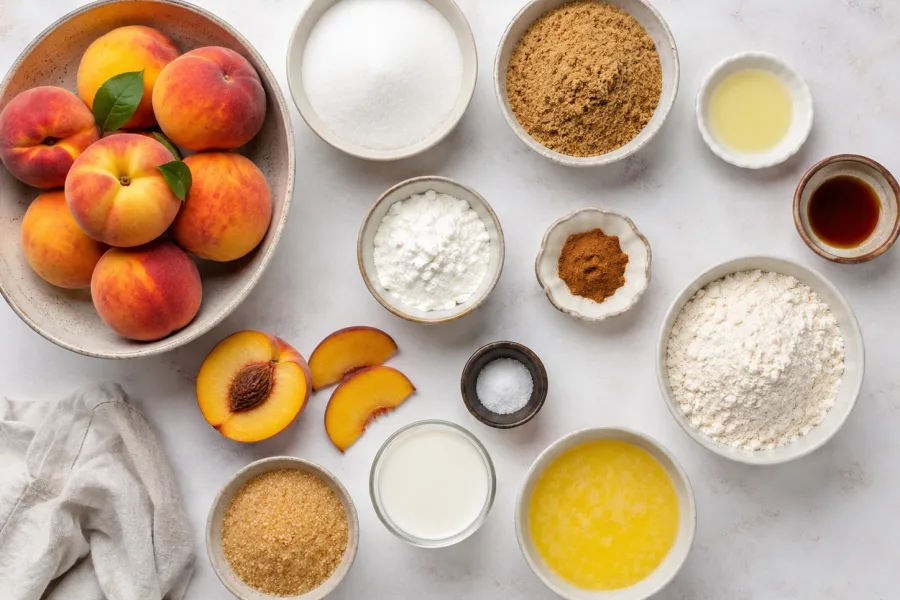 Ingredients for fresh peach cobbler including peaches, sugar, flour, butter, milk, cinnamon, and vanilla