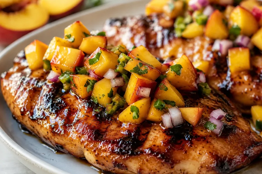 Close-up of grilled chicken glazed with hot honey and topped with peach salsa