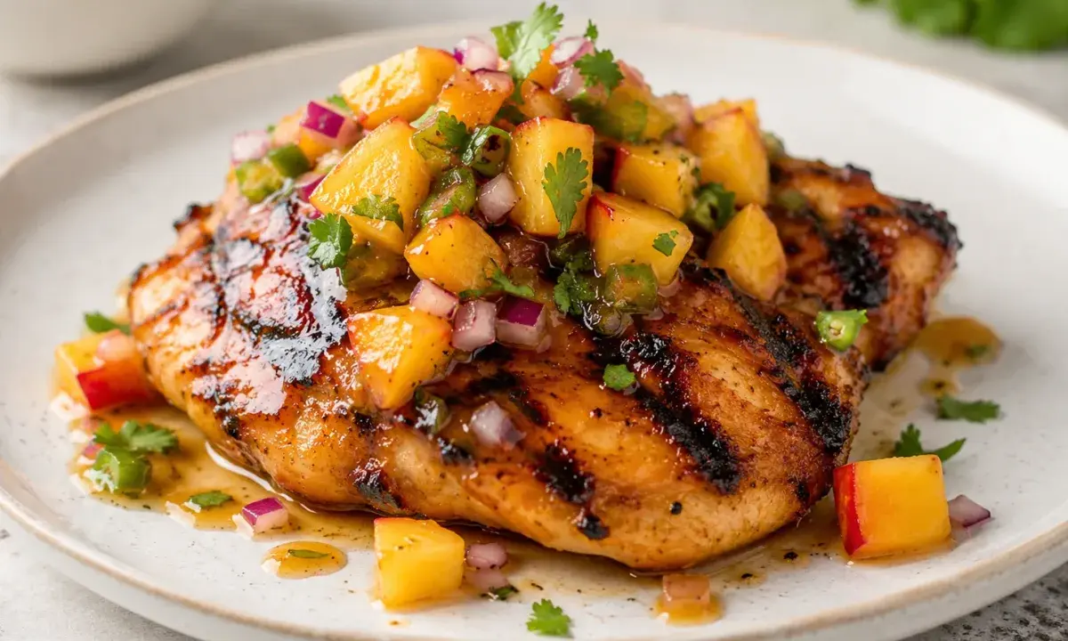 Grilled hot honey chicken topped with fresh peach salsa on a plate