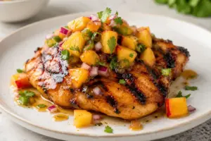 Grilled hot honey chicken topped with fresh peach salsa on a plate