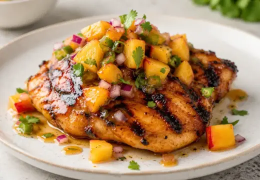 Grilled hot honey chicken topped with fresh peach salsa on a plate