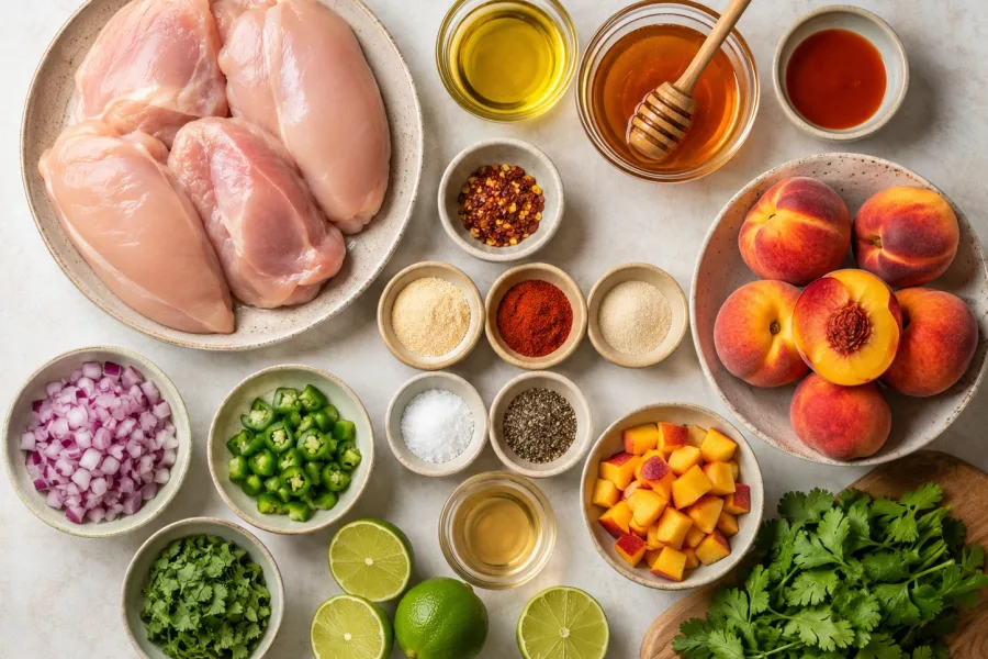 Ingredients for grilled hot honey chicken with peach salsa including chicken, peaches, honey, hot sauce, onion, jalapeño, cilantro, lime, and spices