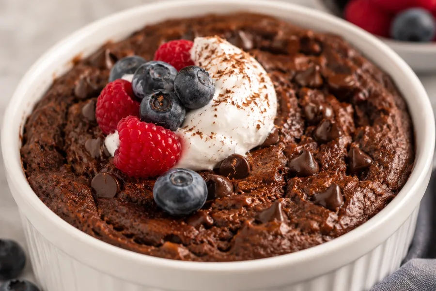 Close-up of high-protein chocolate baked oats with berries and creamy topping