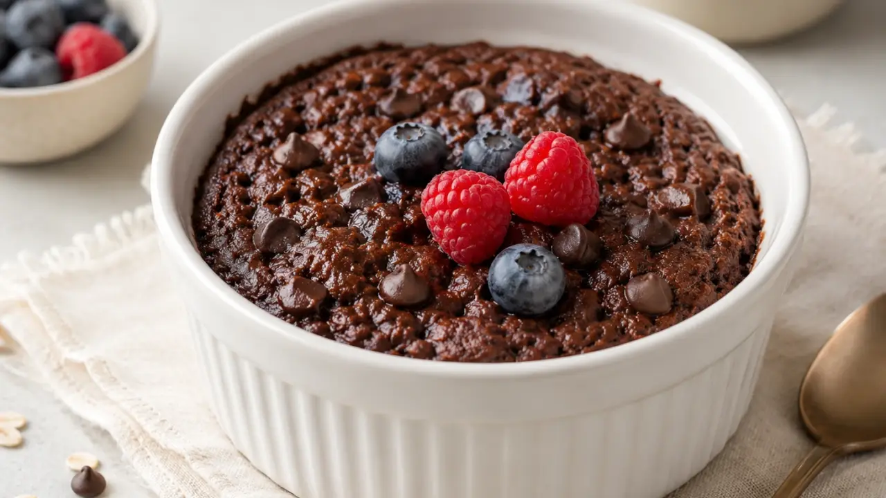High-protein chocolate baked oats in a white ramekin topped with berries and chocolate chips