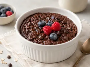 High-protein chocolate baked oats in a white ramekin topped with berries and chocolate chips
