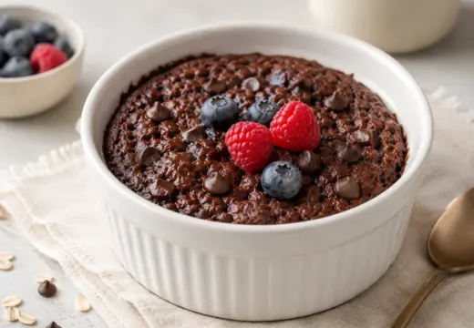 High-protein chocolate baked oats in a white ramekin topped with berries and chocolate chips