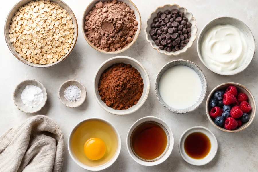 Ingredients for high-protein chocolate baked oats including oats, cocoa powder, protein powder, yogurt, milk, egg, chocolate chips, and berries
