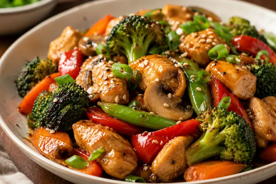 Close-up of glossy Chinese-style chicken and vegetable stir-fry