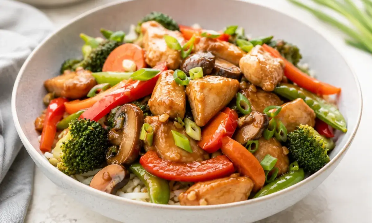 Homemade Chinese-style chicken stir-fry with colorful vegetables served over rice