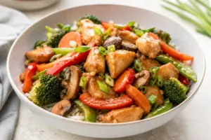 Homemade Chinese-style chicken stir-fry with colorful vegetables served over rice