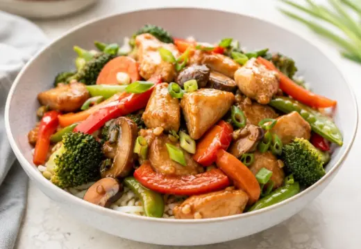 Homemade Chinese-style chicken stir-fry with colorful vegetables served over rice