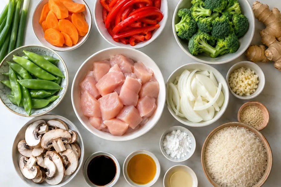 Ingredients for homemade Chinese chicken stir-fry including chicken, broccoli, peppers, carrots, snow peas, mushrooms, onion, garlic, ginger, soy sauce, and rice