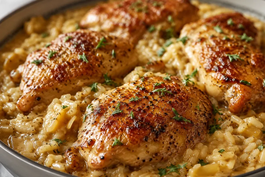Close-up of golden chicken thighs and creamy mustard rice
