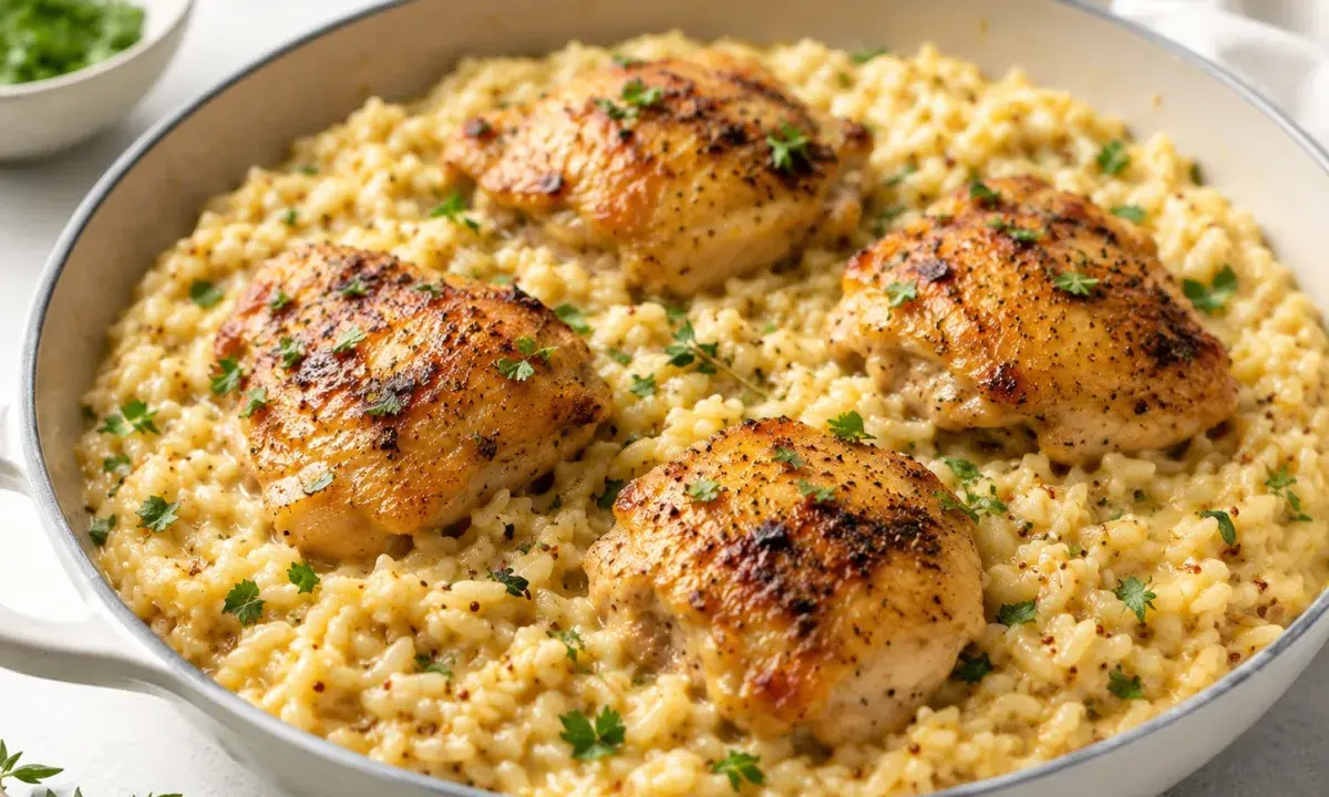One-pan creamy mustard chicken and rice with golden chicken thighs in a skillet