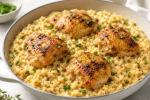 One-pan creamy mustard chicken and rice with golden chicken thighs in a skillet