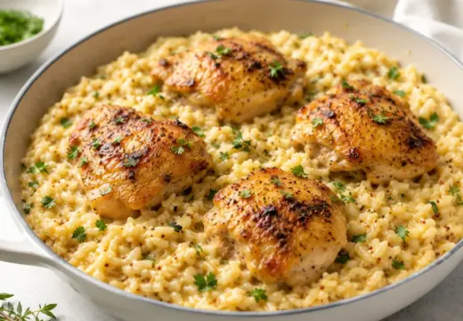 One-pan creamy mustard chicken and rice with golden chicken thighs in a skillet