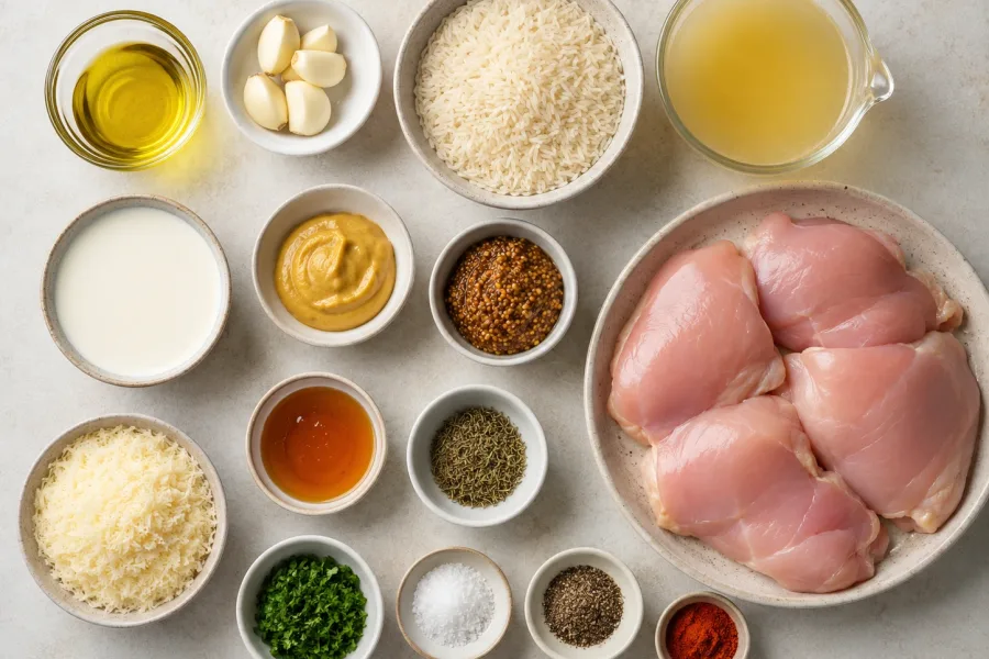 Ingredients for one-pan creamy mustard chicken and rice including chicken, rice, broth, cream, mustard, garlic, Parmesan, and herbs