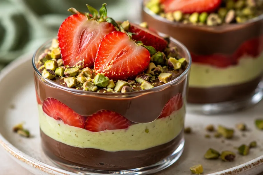 Close-up of a pistachio chocolate strawberry dessert cup