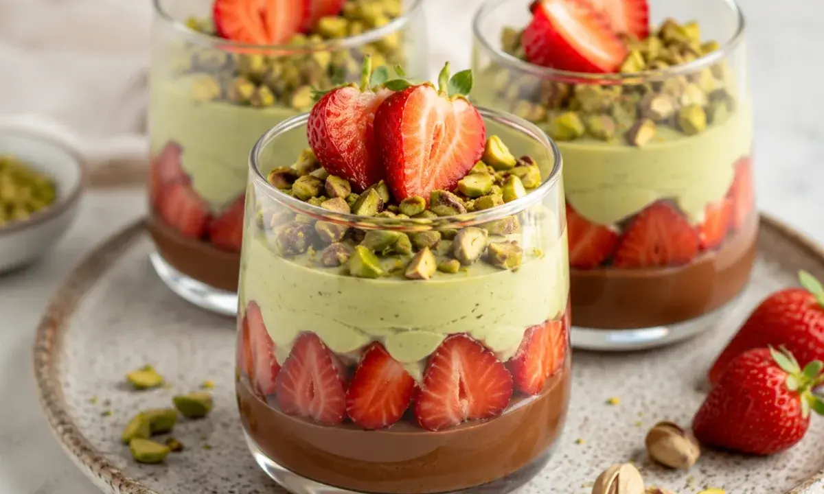 Pistachio chocolate strawberry cups layered in clear glasses