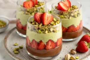 Pistachio chocolate strawberry cups layered in clear glasses
