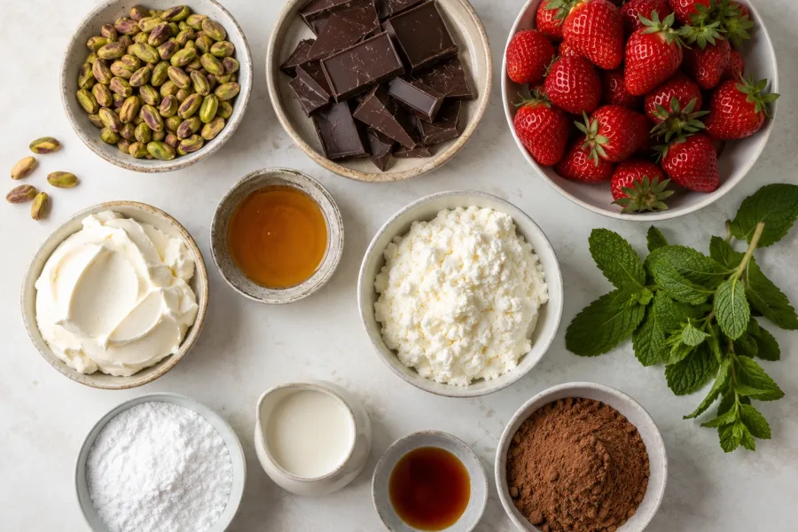 Ingredients for pistachio chocolate strawberry cups including pistachios, chocolate, strawberries, cream cheese, ricotta, cream, cocoa, honey, and vanilla