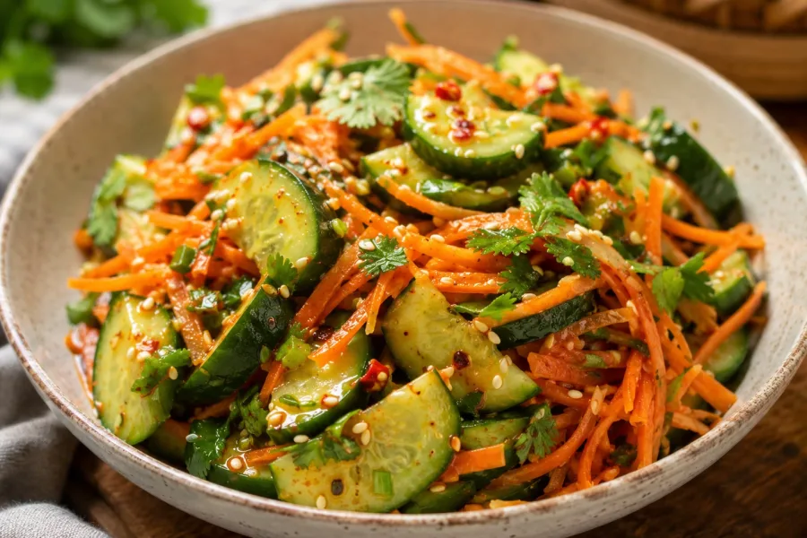 Close-up of spicy cucumber carrot crunch salad with sesame seeds and chili flakes