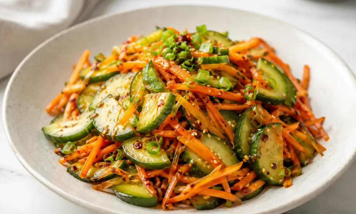 Spicy cucumber carrot crunch salad served in a bowl