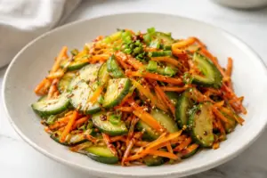 Spicy cucumber carrot crunch salad served in a bowl