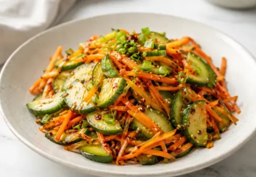 Spicy cucumber carrot crunch salad served in a bowl