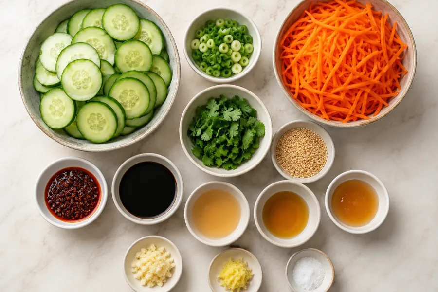 Ingredients for spicy cucumber carrot crunch salad including cucumbers, carrots, green onions, cilantro, sesame seeds, soy sauce, vinegar, chili crisp, garlic, and ginger