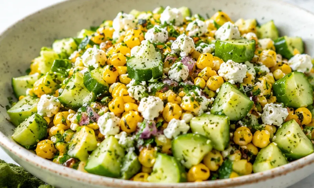 Summer corn cucumber and feta salad in a serving bowl