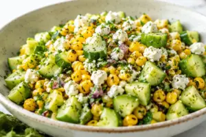 Summer corn cucumber and feta salad in a serving bowl