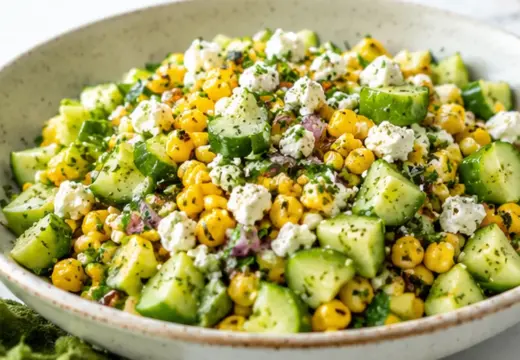 Summer corn cucumber and feta salad in a serving bowl