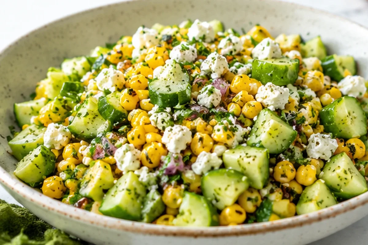 Summer corn cucumber and feta salad in a serving bowl