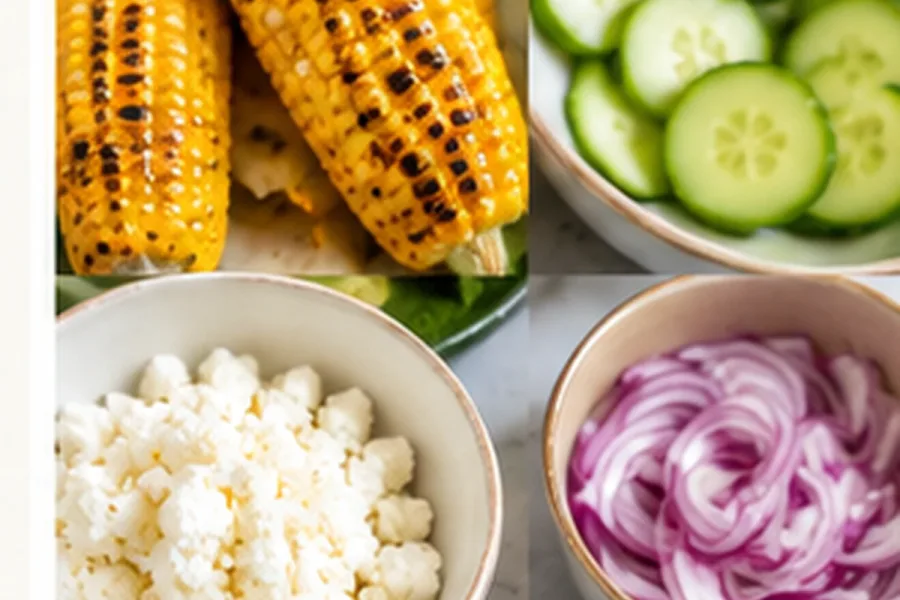 Close-up of summer corn cucumber and feta salad