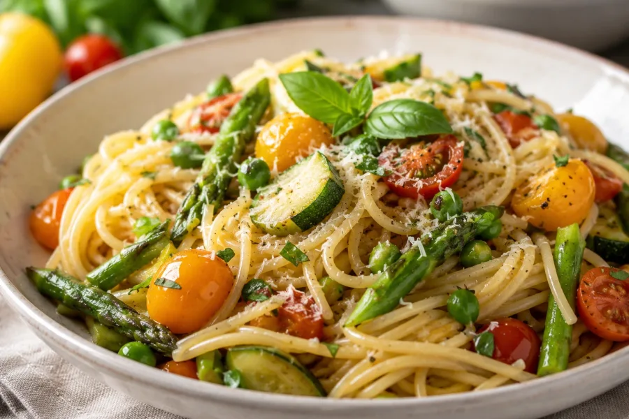 Close-up of Summer Garden Pasta with fresh vegetables, basil, and Parmesan