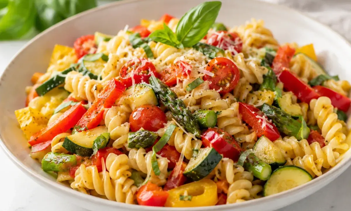 Summer Garden Pasta with rotini, asparagus, zucchini, tomatoes, peppers, basil, and Parmesan