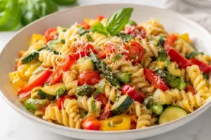 Summer Garden Pasta with rotini, asparagus, zucchini, tomatoes, peppers, basil, and Parmesan