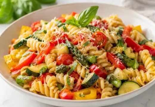 Summer Garden Pasta with rotini, asparagus, zucchini, tomatoes, peppers, basil, and Parmesan