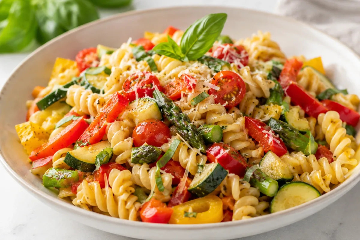 Summer Garden Pasta with rotini, asparagus, zucchini, tomatoes, peppers, basil, and Parmesan